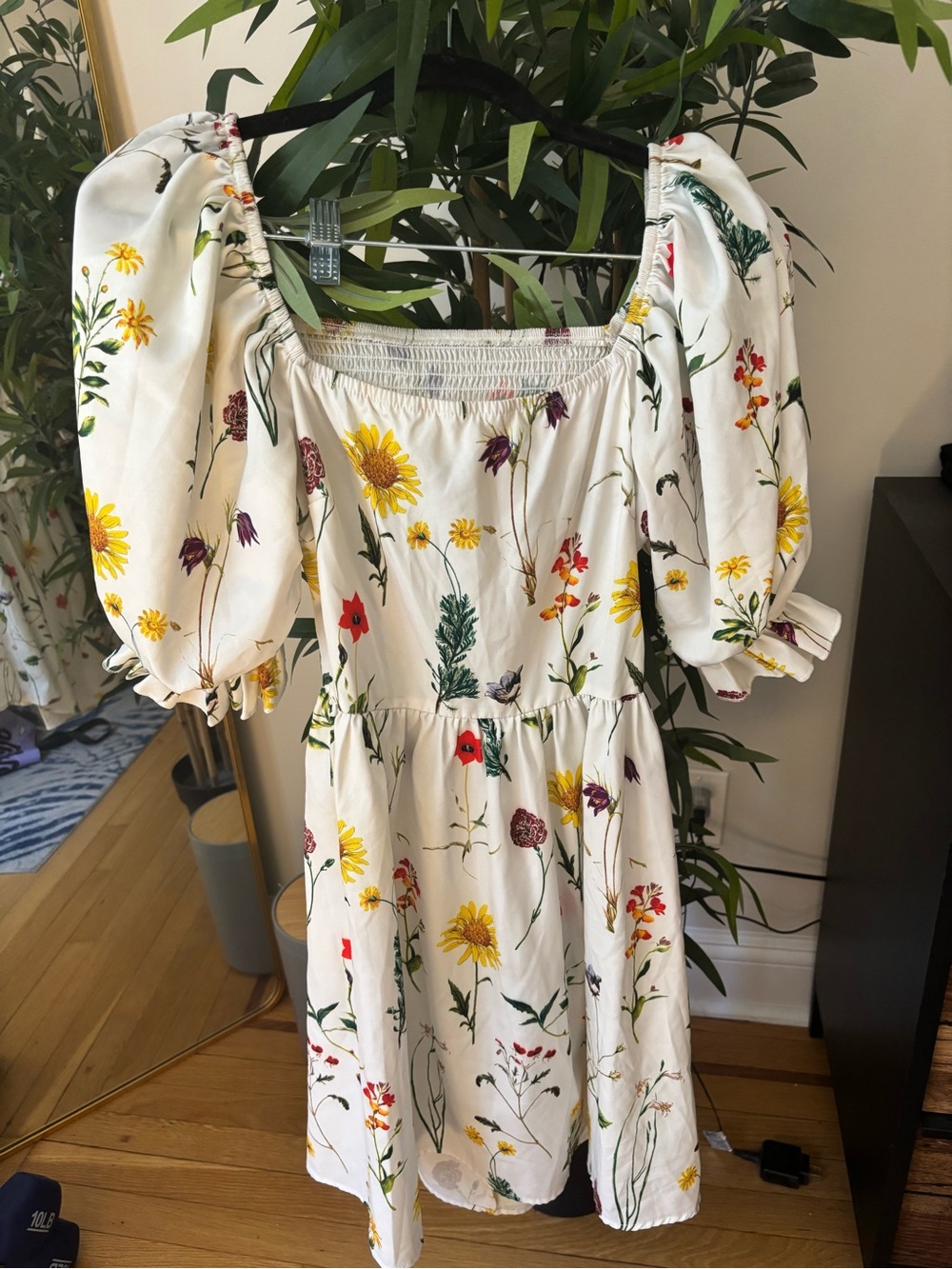 Floral Puff-Sleeve White Dress with Yellow Accents